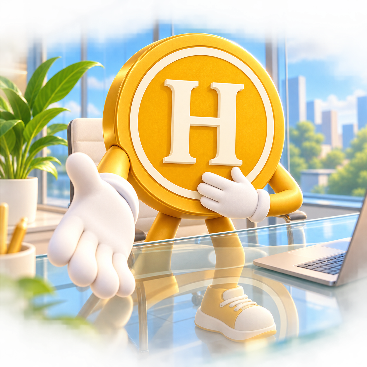 HONEST COIN mascot extending a hand